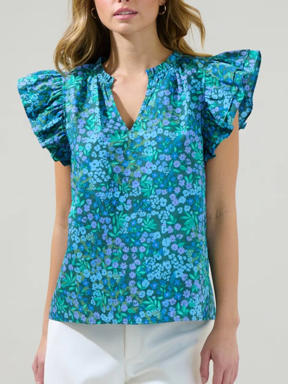Sugarlips Midnight Floral Risette Ruffle Split Neck Top - Emerald/Blue Multi